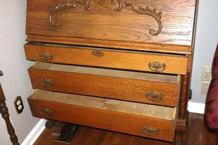 Antique Wood Secretary Desk with Top Glass Doors and inside shelves - Fold down Desk with inside cubbies and space - 3 Bottom Drawers     84"x40"x 17" closed  ( 30" open)                        **Buyer need to bring help to remove