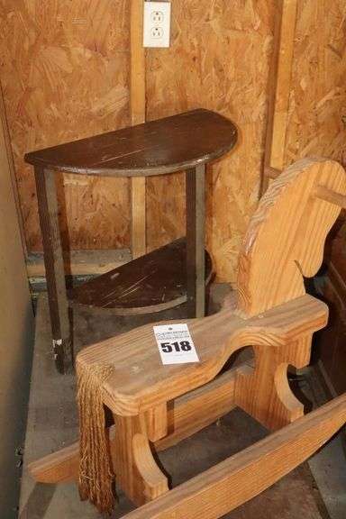 2 Wood Items: Rocking Horse & Half Side Table image