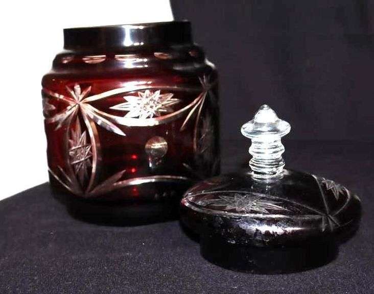 2 Vintage Czech Ruby Red Cut to Clear Glass: Bowl & Lidded Candy Dish