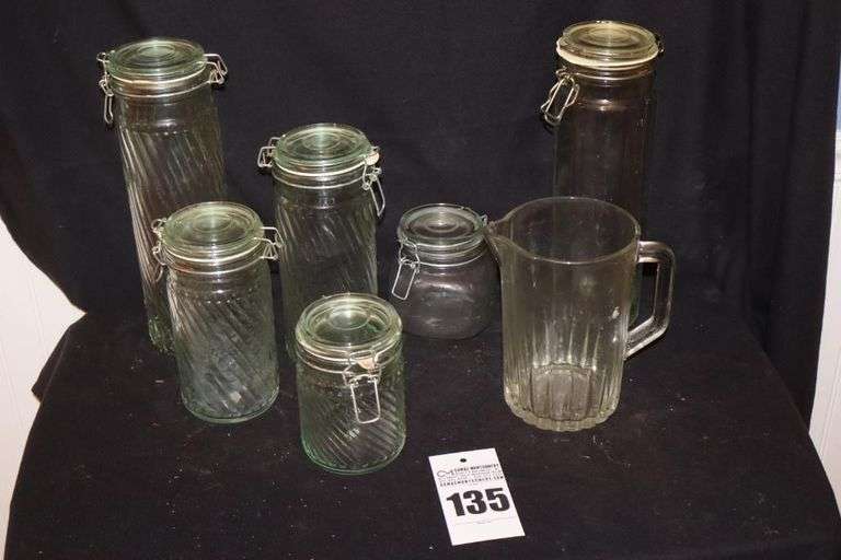 Variety of Glass Jars (one set) wire bale tops & glass pitcher