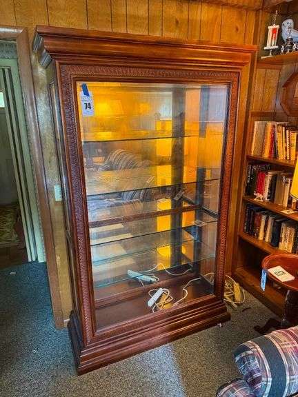 Wooden Display Cabinet with Glass Shelves, Lights, and Sliding Door