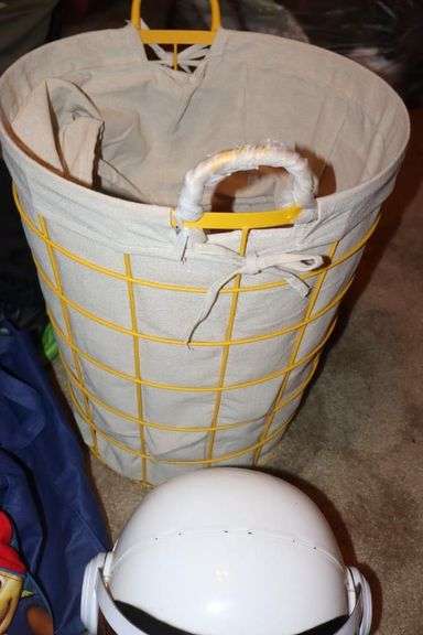 Tall Metal Basket with cloth Liner with a Variety of Play Characters, Dinosaurs, Remote Items (no Batteries), Swords, Etc.