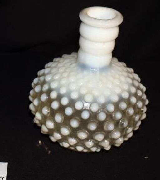 3 Fenton Opalescent Items: Milk Glass Hobnail Vase, 2 Miniature French Vases (fan & ruffled edge)