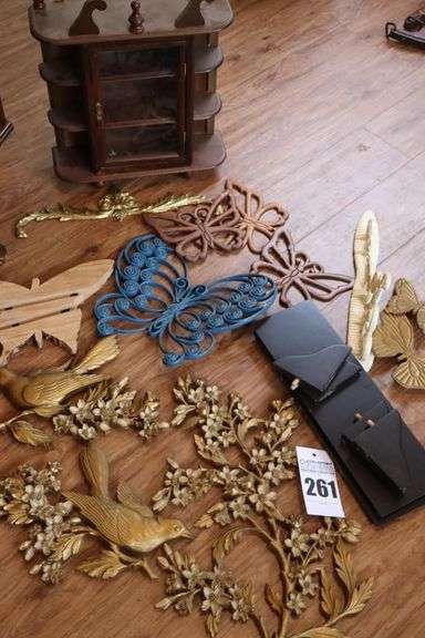Variety of Wall Decorative Items: Shelf (16"x14"x5"), Plastic Butterflies, Display Shelf with glass front, etc.