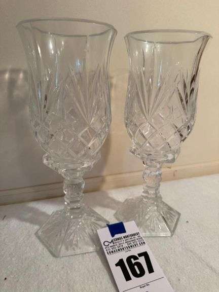 Pair of Elegant Cut Crystal Candle Holders / Hurricane Shades