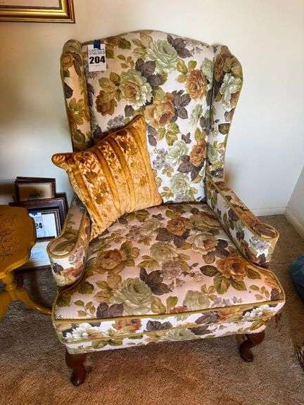 Floral Upholstered Wingback Chair with Pillow