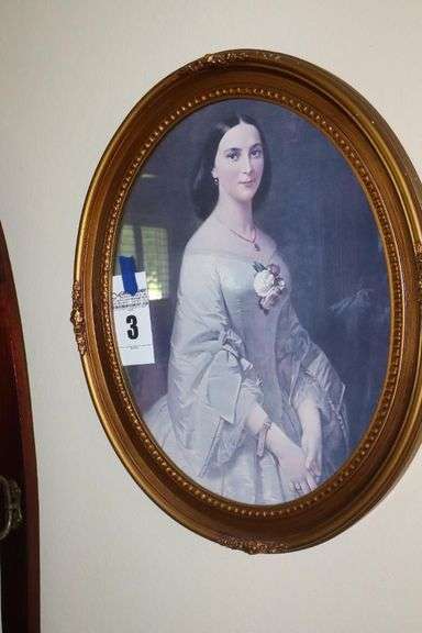 Vintage Victorian Southern Belle Lipography Print in Oval Frame   24"x20"