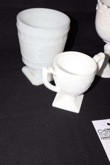Variety of Milk Glass Bowls, Vases, Candy Dish, & Candle stand etc.
