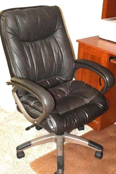 Wood Desk (58"x43.5"x19.5" with Shelves, door, keyboard pull down, Dell Monitor, HP Printer, Shredder, Rolling Office Chair  42"x25"x17" & Plastic Carpet Protector