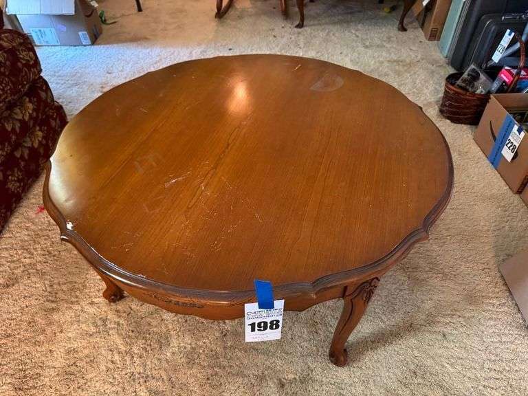 Round Wood Coffee Table with Decorative Trim