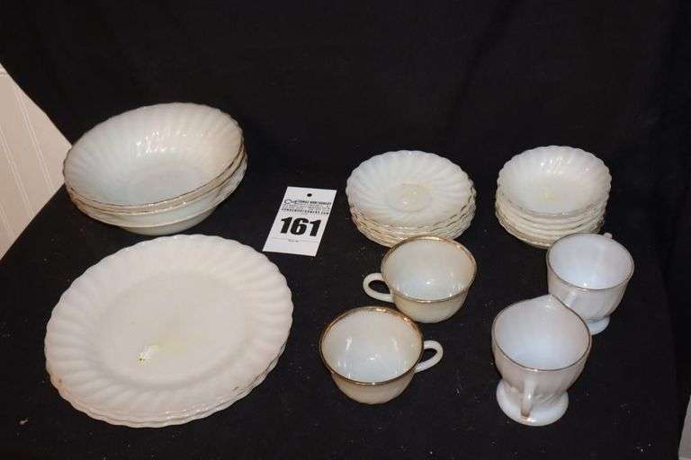 Vintage Fire King By Anchor Hocking - Partial set of white swirl gold trimmed dishes - 3 serving bowls, 3 dinner plates 4 saucers, 2 cups, 6 dessert bowls, creamer & sugar bowl