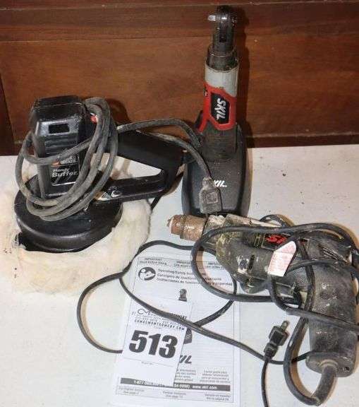 Black & Decker Handy Buffer, Skil Cordless Power Wrench with Charger, & Skil Drill image