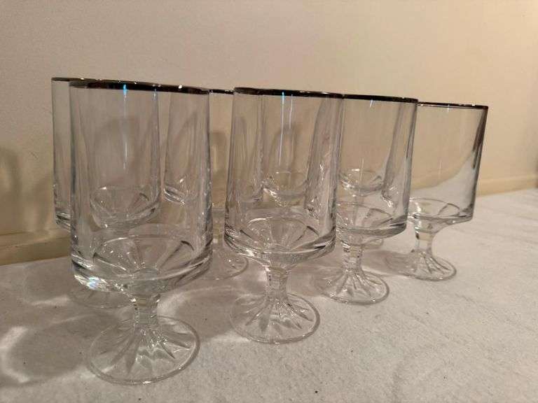 Set of 8 Fostoria Stemmed Water Glasses with Silver Trim
