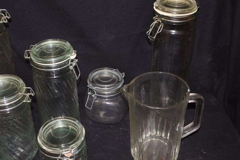 Variety of Glass Jars (one set) wire bale tops & glass pitcher