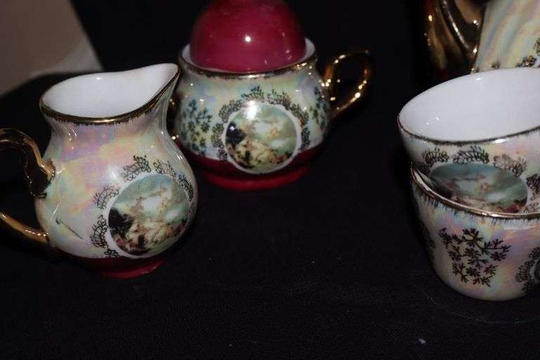 Vintage Iridescent Victorian Porcelain Tea/Coffee Pot Set: Pitcher, 6 Cups, 6 Saucers, Creamer & sugar bowl