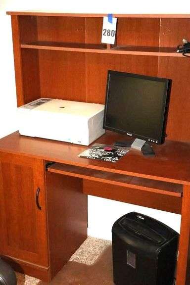Wood Desk (58"x43.5"x19.5" with Shelves, door, keyboard pull down, Dell Monitor, HP Printer, Shredder, Rolling Office Chair  42"x25"x17" & Plastic Carpet Protector