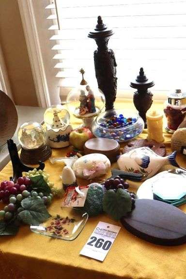 Variety of Decorative Items: Fruit, Mirrored Displays, Candle Stands, Water Globes etc.