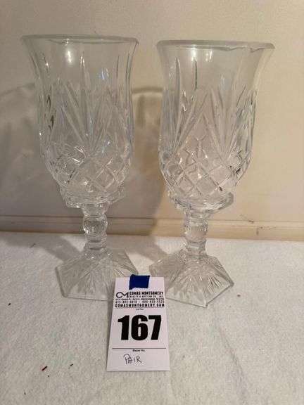 Pair of Elegant Cut Crystal Candle Holders / Hurricane Shades