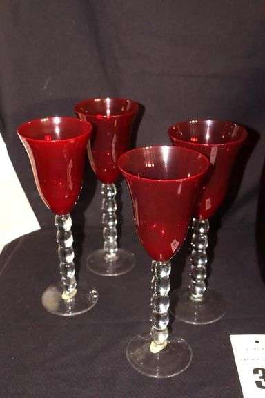 2 Red Glass Canisters with Lids and 4 Ruby Red Wine Glasses with Bubble stems