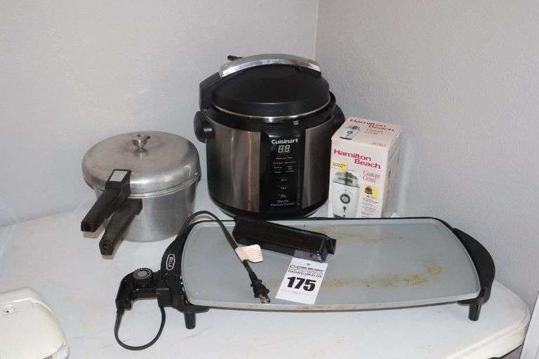 Variety of Kitchen Items: Cuisinart Pressure Cooker, Bella Electric Flat Skillet, Hamilton Beech Grinder, & Maid of Honor Pressure Cooker