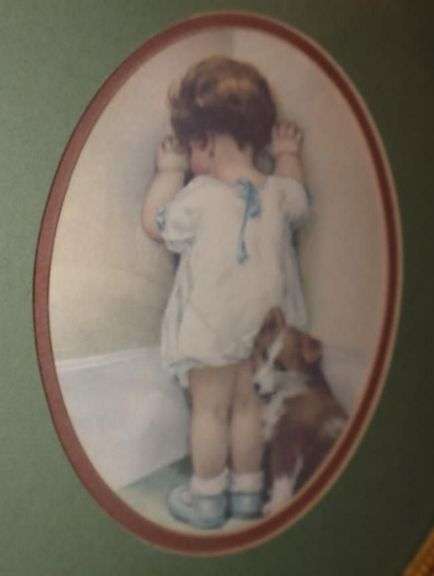 Oval Framed Bessie Pease Gutmann Print "In Disgrace"  14"x12"x5"
