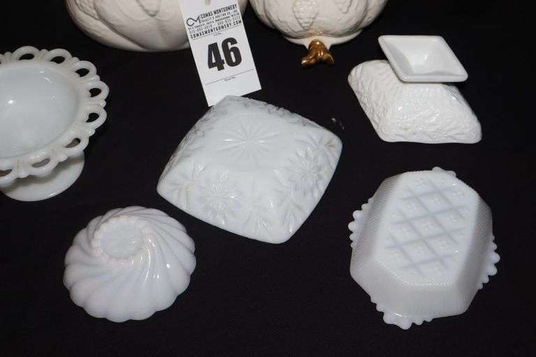 Variety of Milk Glass/Ceramic items; Pedestal Bowl, Lace Edge Candy Dish, Wall Décor 2 piece Urn, etc.