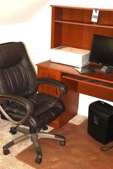 Wood Desk (58"x43.5"x19.5" with Shelves, door, keyboard pull down, Dell Monitor, HP Printer, Shredder, Rolling Office Chair  42"x25"x17" & Plastic Carpet Protector