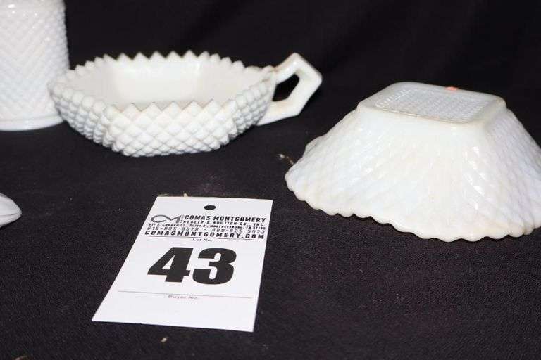 Fenton Milk Glass Hobnail Top Hat, Vintage Milk Glass Salt & Pepper set, Westmoreland Diamond Point Glass bowl with lid, Milk Glass Diamond Point Dish, & Westmoreland Milk Glass Candy Dish with handle