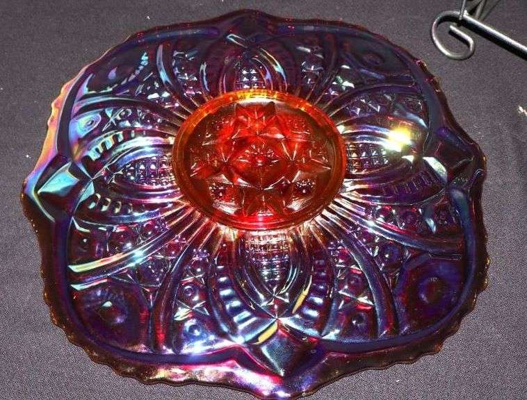 Vintage Red Iridescent Cake Platter with stand  13"