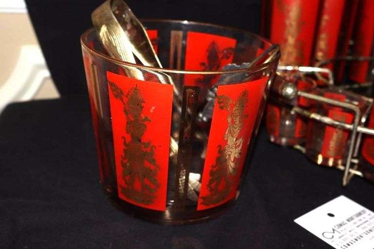 Vintage MCM Culver Red Gold Siam Thai Goddess Bar caddy with 6 High Ball Glasses, 5 Shot Glasses Ice Bucket & ice tongs