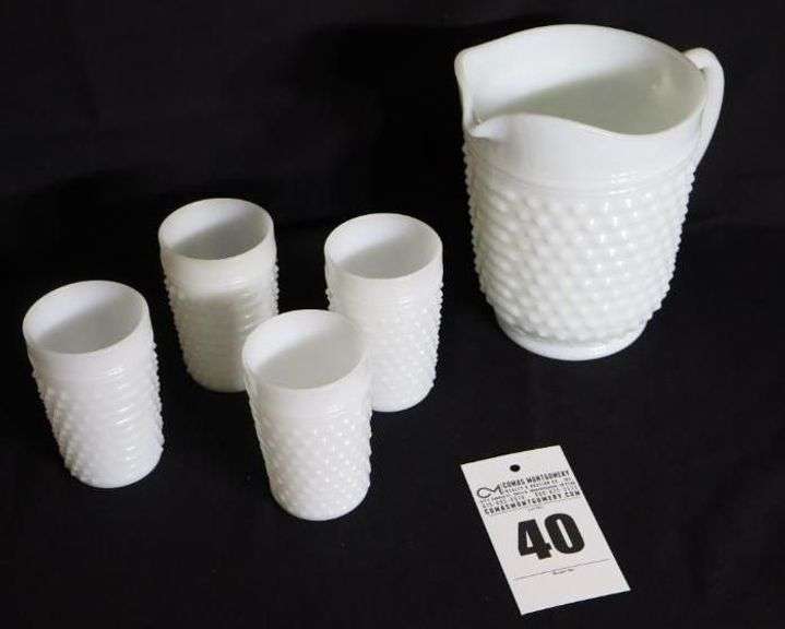 Vintage Hobnail Milk Glass Pitcher and 4 Glasses
