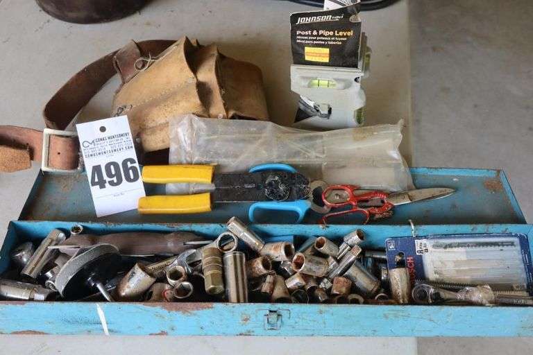 Metal Tool Chest With Variety of Items: Sockets, Tool Belt, Iron Cutter, Pipe Level Wrench etc. image