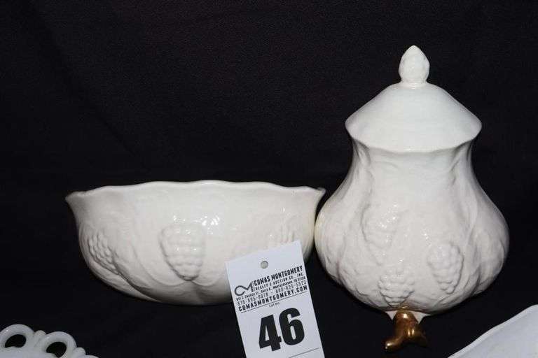 Variety of Milk Glass/Ceramic items; Pedestal Bowl, Lace Edge Candy Dish, Wall Décor 2 piece Urn, etc.