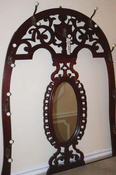 Vintage Marble Top Wood Hall Tree with 9 hooks & oval Mirror with bottom shelf    78"x48"x18"                      **Buyer bring help to remove