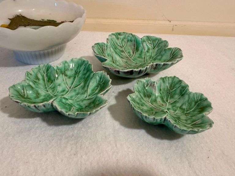 Collection of Dishes with Milk Glass Compote and Leaf Shaped Bowls