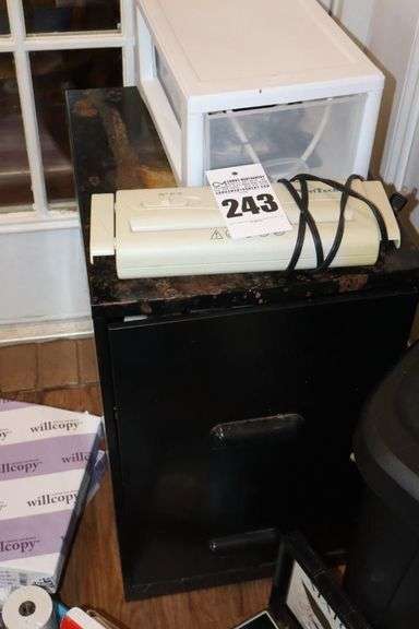 2 Drawer Metal File Cabinet (24.5"x14"x18"), adding Machine, Print Paper (3), Echo Show (in box), Shredder top, Alert System (in box), and additional items