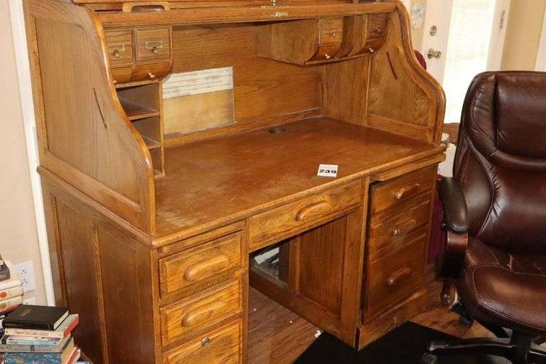 Wood Roll Top Desk (53"x53"x30") with Cubbies & drawers, drawers, slid out key board drawer, side door with drawers inside, Desk Chair (42"x27"x21") & Plastic floor protector Mat