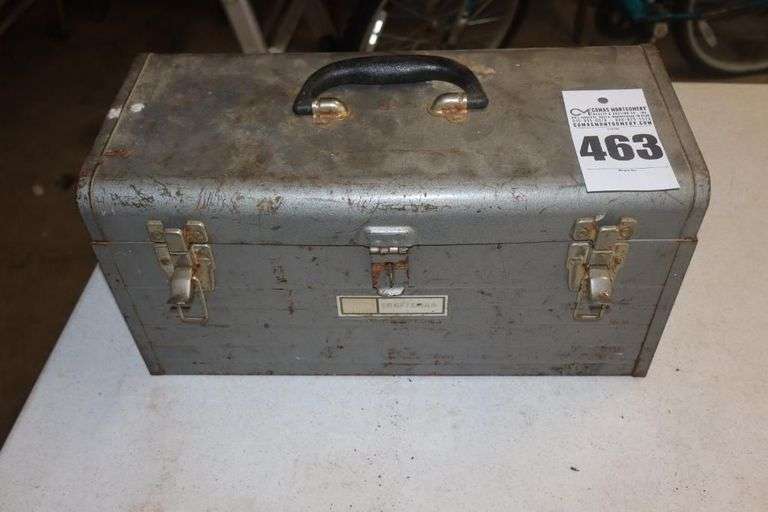 Craftsman Metal Tool Box with Variety of Items included: Kobalt keyhole Saw (new), Screwdrivers, Allen Wrenches, Plyers, Grips, Nails etc. image