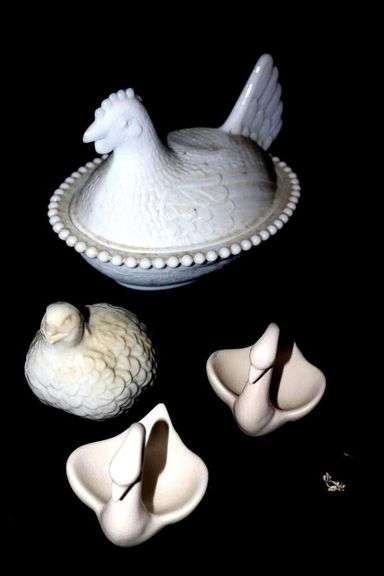 Variety of Vintage items: 2 Hen on Nest Candy Dishes (2 sizes), Swans, etc.