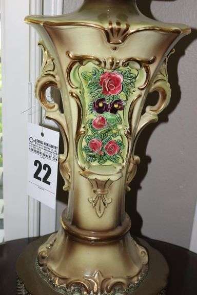 Vintage Victorian Porcelain "Corday" Style Table Lamp with Flowers (gold tone trim)  with shade         35"x14"                                     **Matches Lot #21