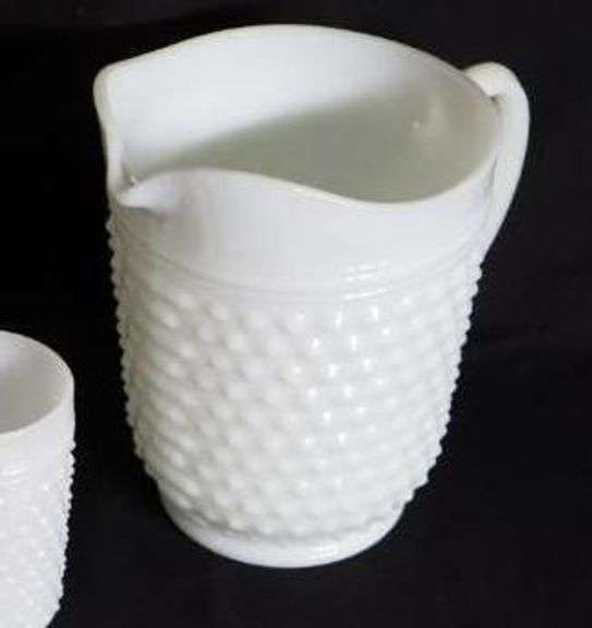 Vintage Hobnail Milk Glass Pitcher and 4 Glasses