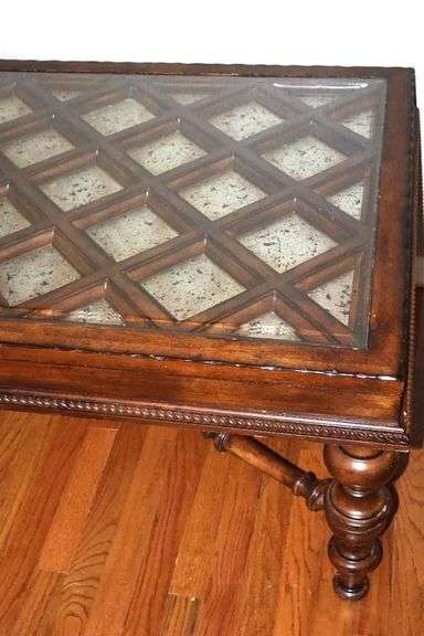 Wood Glass Top Coffee Table with decorative tiles   20"x49"x31"
