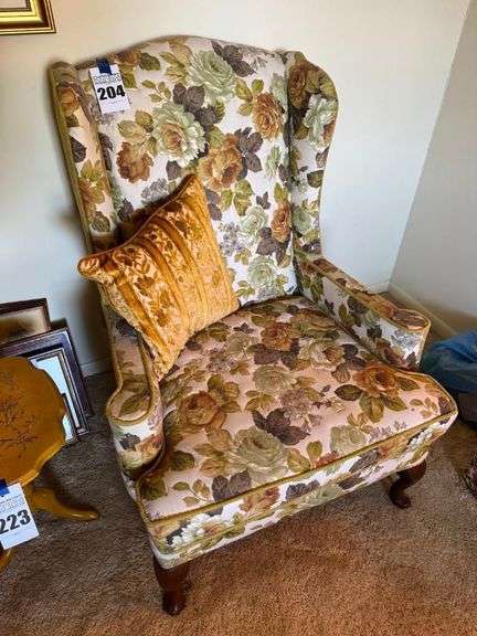 Floral Upholstered Wingback Chair with Pillow