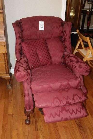 Burgundy Cloth Covered Wing Back Arm Chair that Reclines     41"x33"x21"   40" reclined                       **Matches Lot #315