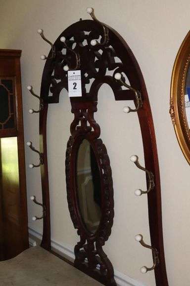 Vintage Marble Top Wood Hall Tree with 9 hooks & oval Mirror with bottom shelf    78"x48"x18"                      **Buyer bring help to remove