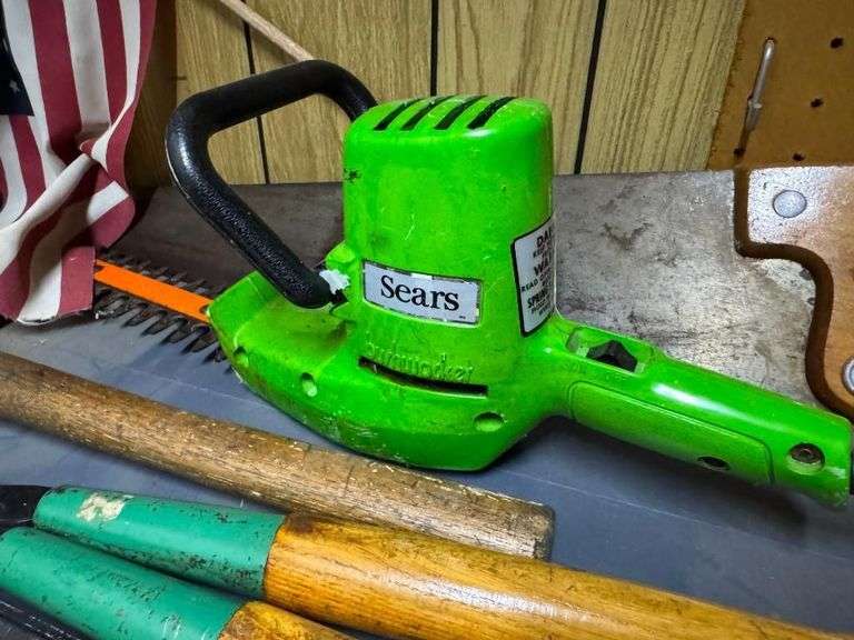 Assorted Tools Including Sears Hedge Trimmer, Hand Saw, Hammer, Level, and Shears