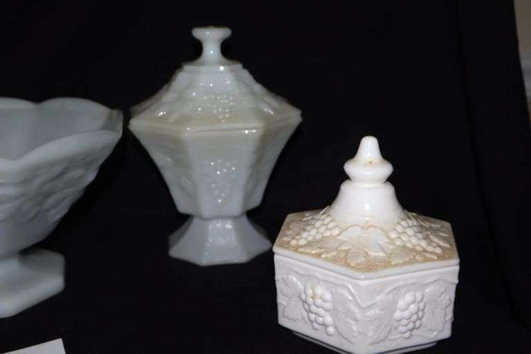 Variety of Grape Vine Design Milk Glass items: 3 Pedestal Fruit Bowls, Vase, 2 Lidded candy dishes/bowls