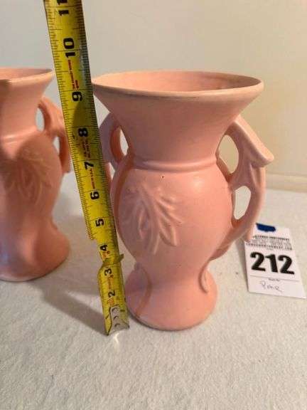 Pair of McCoy Pink Vases with Leaf Design