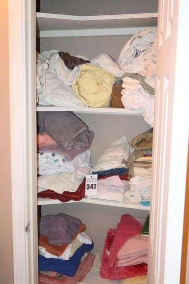 Variety of Bathe Towels, Wash Cloths, Hand Towels, Sheets, Bath Mats etc.                                 **Buyer Bring Boxes to Remove From Closet image