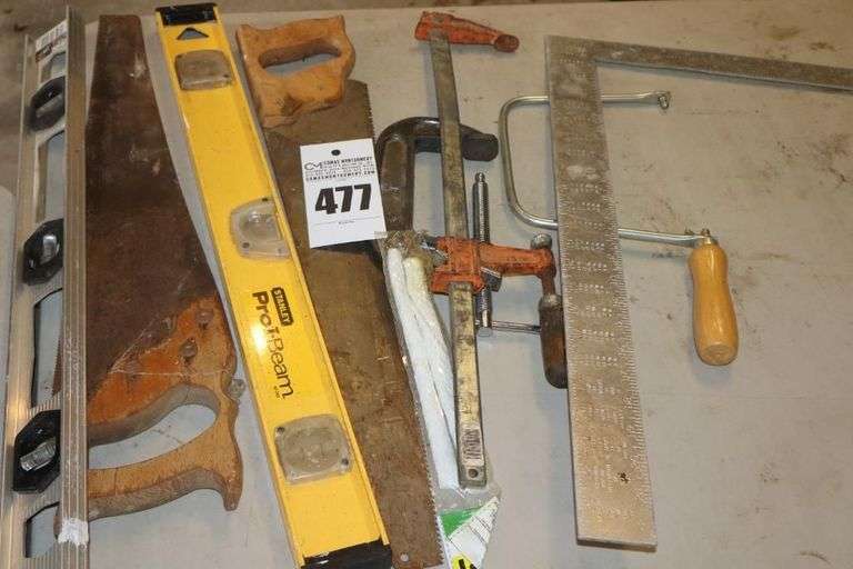Variety of Hand Tools: Square Levels, Hand Saws, Vise/Clamps etc. image